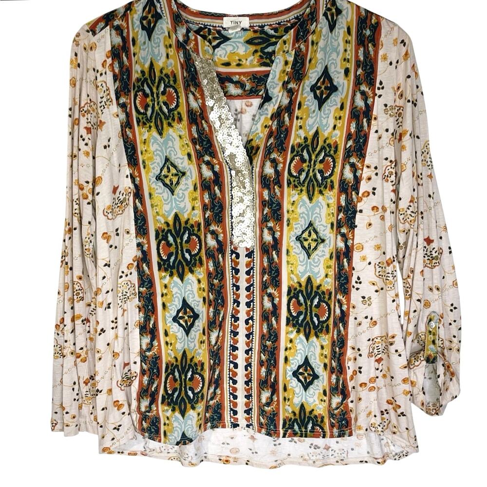 ANTHROPOLOGIE TINY Women’s Mixed Media Sequin Trim Roll Cuff Top